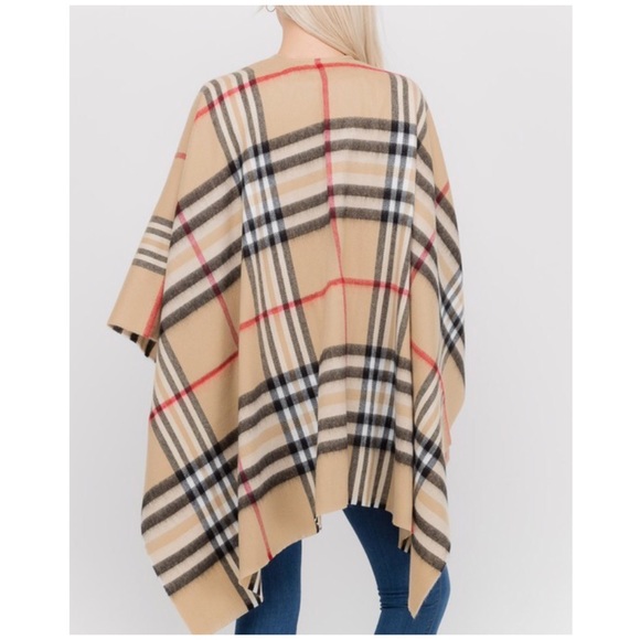 Fleece Taupe Plaid Printed Poncho Wrap - Picture 4 of 4